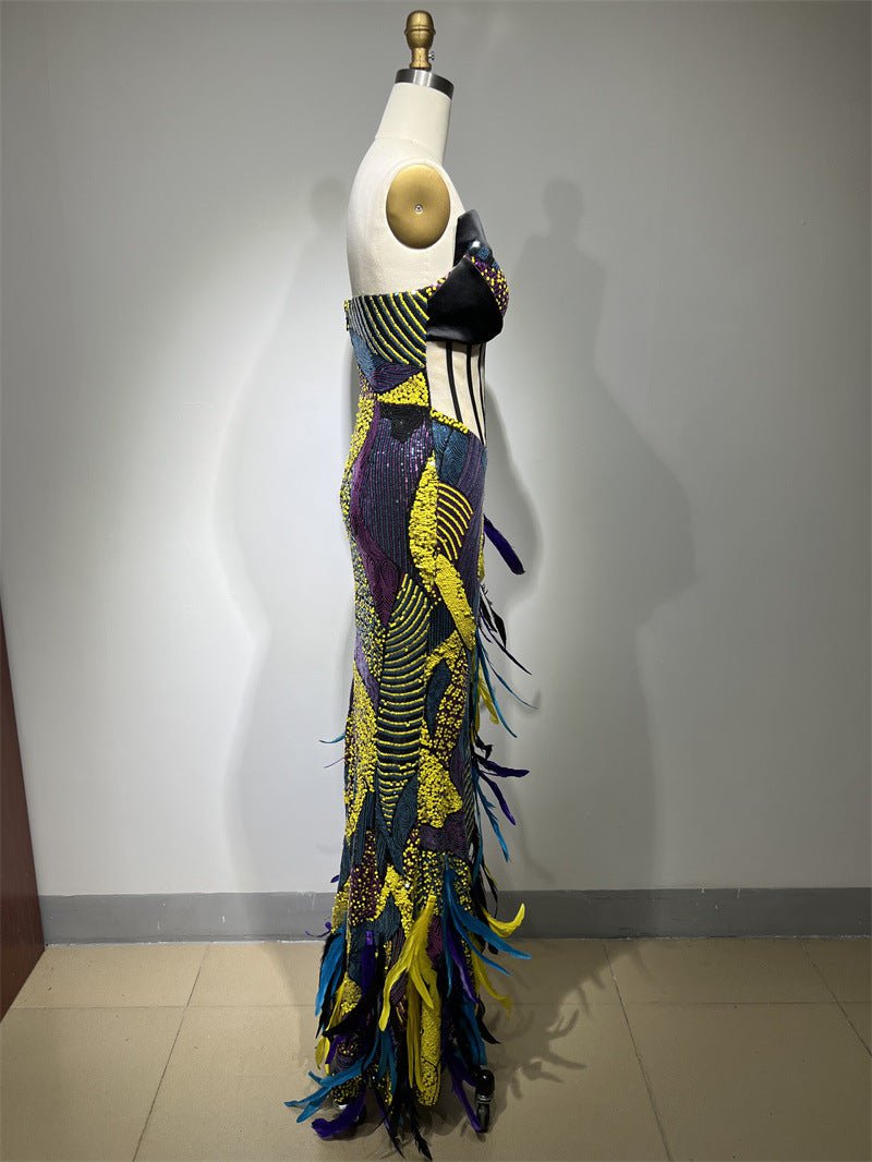 STORAZONE Woman fashion and Outdoor Heavy Industry Sequin Embroidery Color Feather High Slit Tube Top Dress