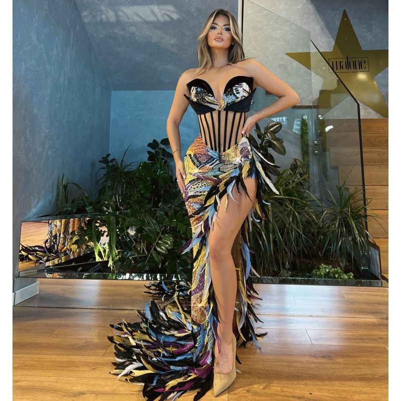 STORAZONE Woman fashion and Outdoor Heavy Industry Sequin Embroidery Color Feather High Slit Tube Top Dress