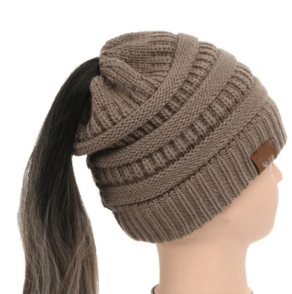 STORAZONE Woman fashion and Outdoor Khaki High Bun Ponytail Beanie Hat Chunky Soft Stretch Cable Knit Warm Fuzzy Lined Skull Beanie Acrylic Hats Men And Women