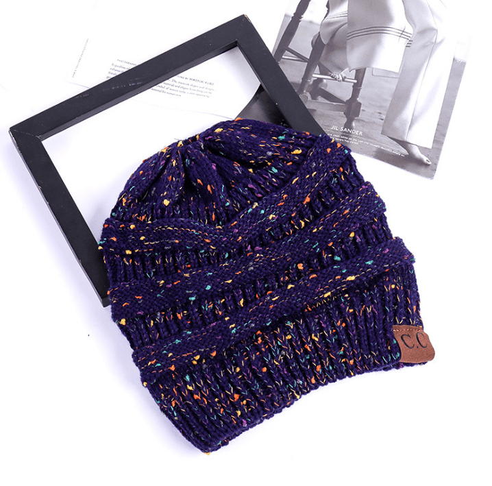 STORAZONE Woman fashion and Outdoor Navy B High Bun Ponytail Beanie Hat Chunky Soft Stretch Cable Knit Warm Fuzzy Lined Skull Beanie Acrylic Hats Men And Women