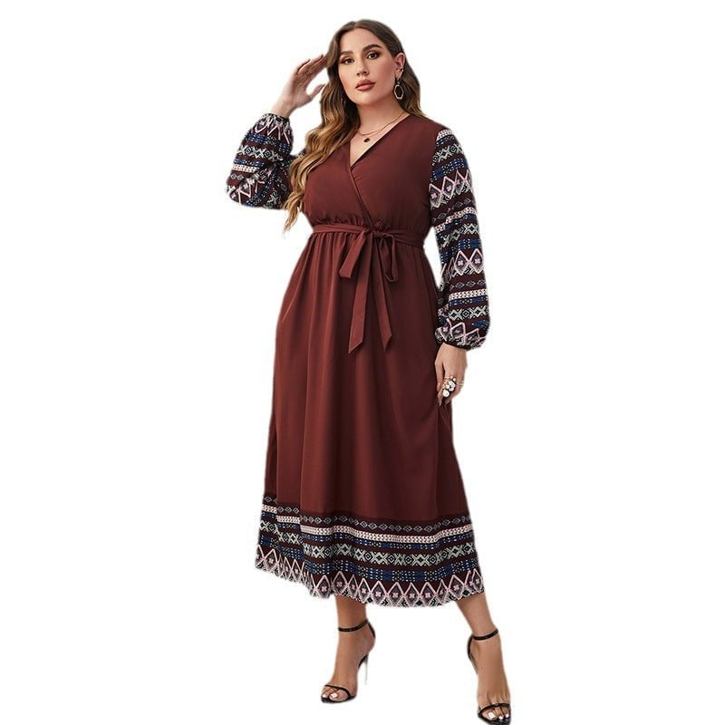 STORAZONE Woman fashion and Outdoor New Elegant Tied High Waist V-neck Plus Size Women's Long Sleeve Dress