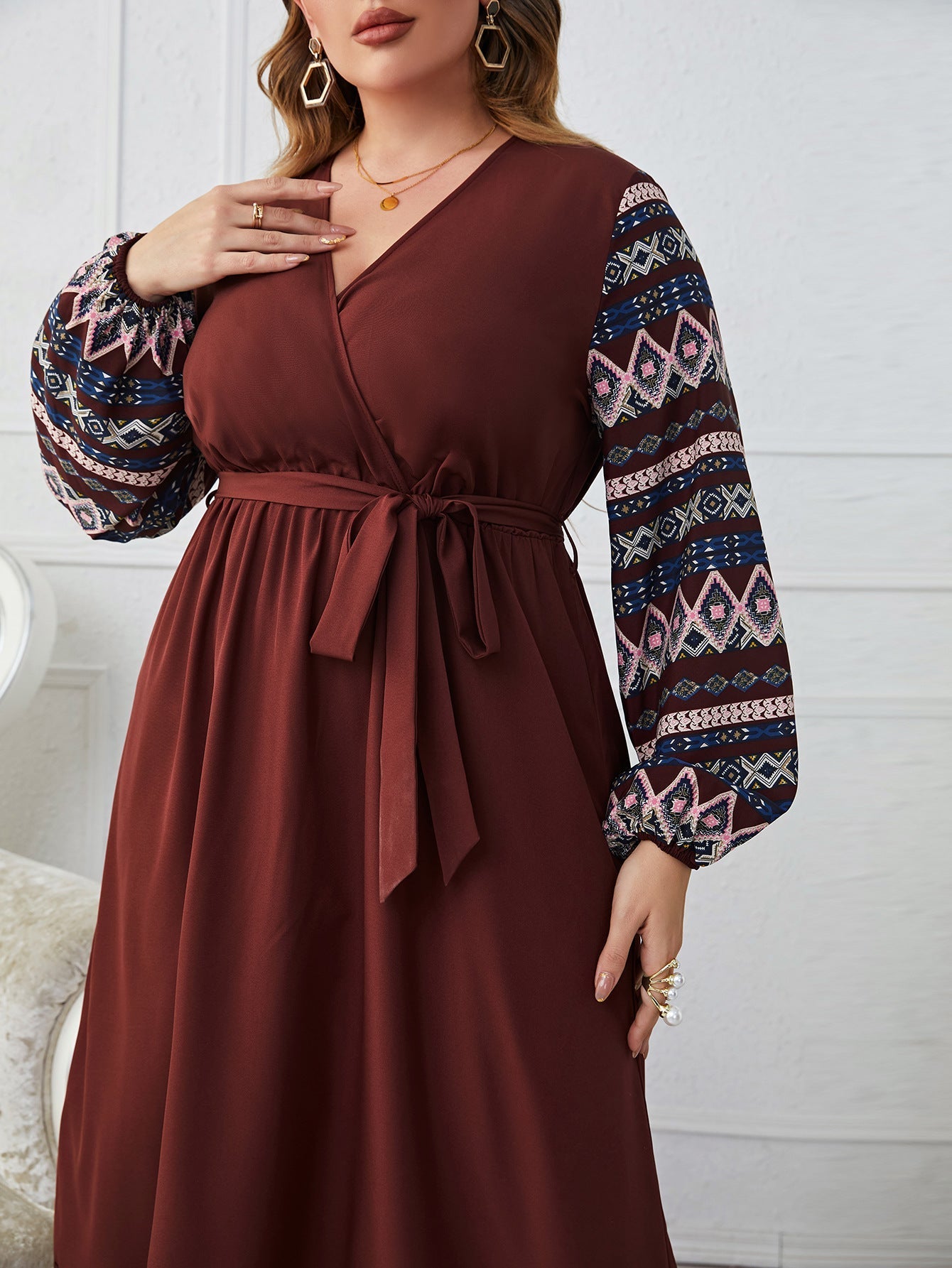 STORAZONE Woman fashion and Outdoor New Elegant Tied High Waist V-neck Plus Size Women's Long Sleeve Dress