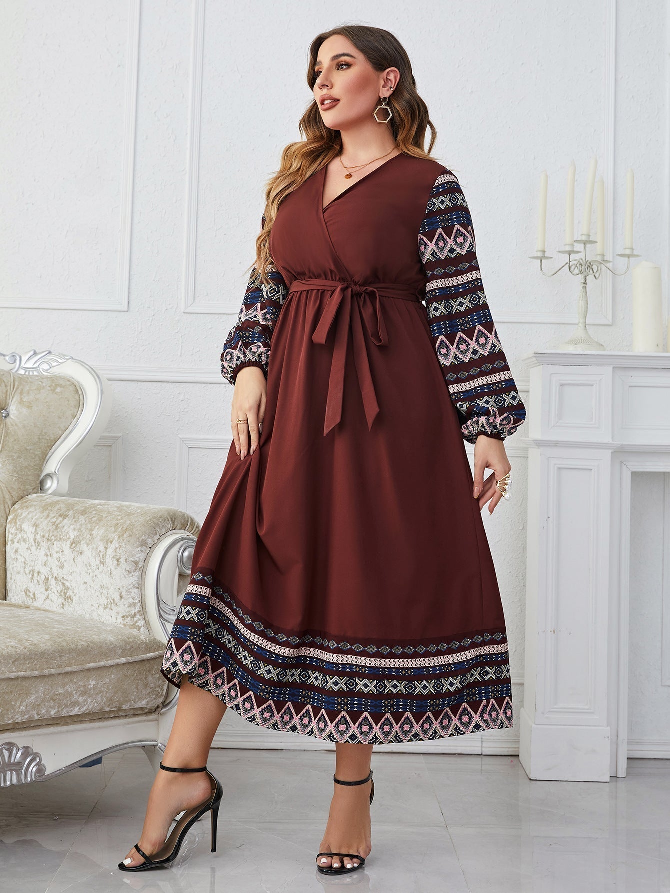 STORAZONE Woman fashion and Outdoor New Elegant Tied High Waist V-neck Plus Size Women's Long Sleeve Dress