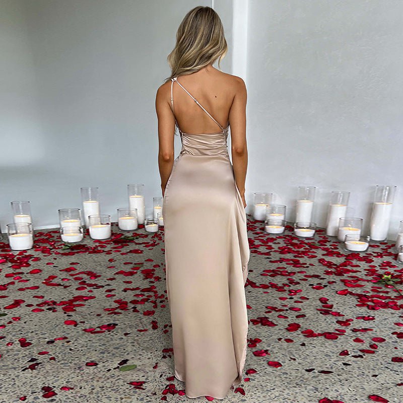 STORAZONE Woman fashion and Outdoor One-shoulder Pleated Split Sexy Satin Dress Elegant Slim-fit Solid Color