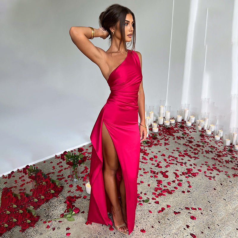 STORAZONE Woman fashion and Outdoor One-shoulder Pleated Split Sexy Satin Dress Elegant Slim-fit Solid Color