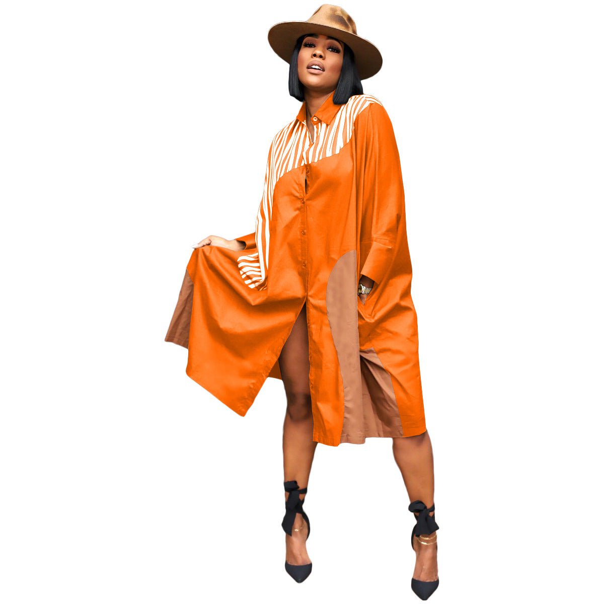 STORAZONE Woman fashion and Outdoor Orange / 2XL European And American Plus Size Loose Multicolor Batwing Sleeve Shirt Idle Style Dress