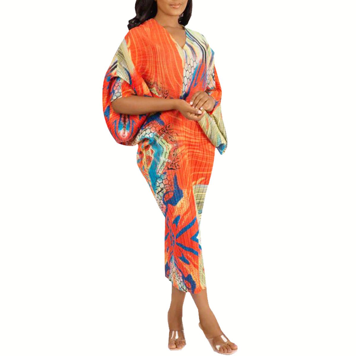 STORAZONE Woman fashion and Outdoor Orange / Free Size Plus Size Women's Amoi Pleated Positioning Printed Batwing Sleeve Dress