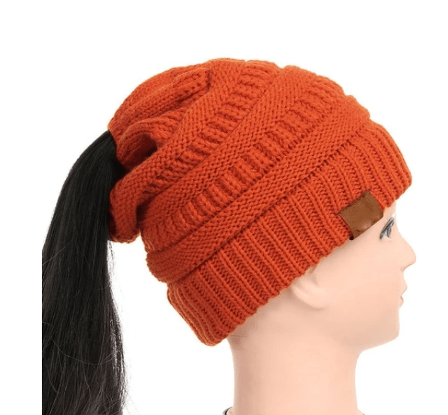 STORAZONE Woman fashion and Outdoor Orange High Bun Ponytail Beanie Hat Chunky Soft Stretch Cable Knit Warm Fuzzy Lined Skull Beanie Acrylic Hats Men And Women
