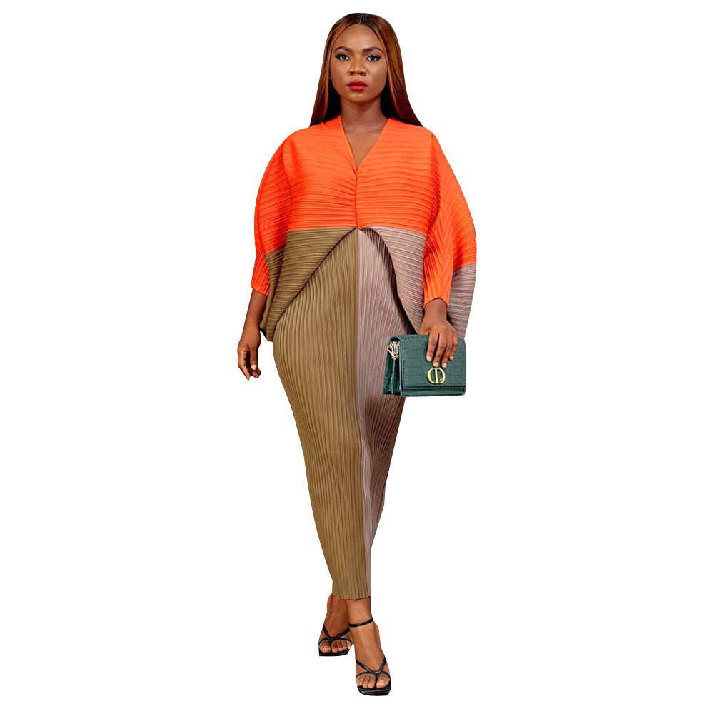 STORAZONE Woman fashion and Outdoor Orange Khaki Apricot Color / Free Size European And American V-neck Batwing Sleeve Printing Dress