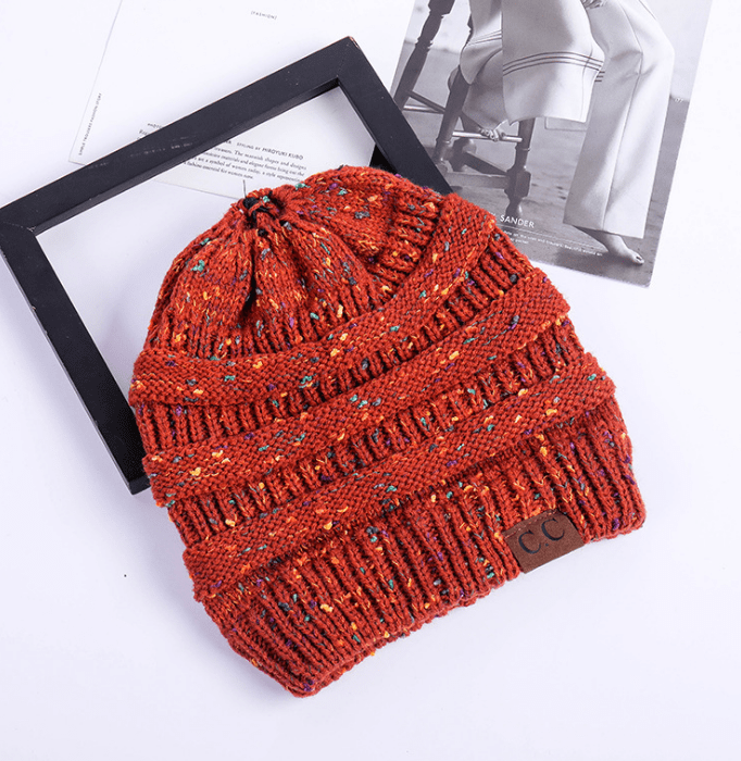 STORAZONE Woman fashion and Outdoor Orange red High Bun Ponytail Beanie Hat Chunky Soft Stretch Cable Knit Warm Fuzzy Lined Skull Beanie Acrylic Hats Men And Women