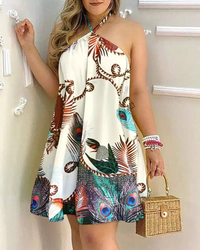 STORAZONE Woman fashion and Outdoor Peacock print / 2XL Printed Dress Summer Off-Shoulder Hanging Neck Sleeveless Sexy Dresses Women