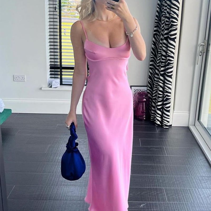 STORAZONE Woman fashion and Outdoor Pink / 2XL Women Camis Satin Long Dresses Elegant Sleeveless Slip Holiday Party Dresses Sexy Casual Backless Summer Dresses