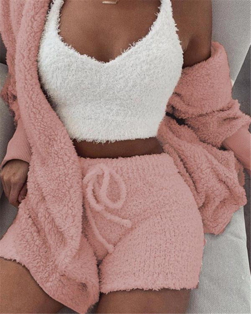 STORAZONE Woman fashion and Outdoor Pink / L 3pcs Womens Clothing Long Sleeve Crop Tank Top And Drawstring Shorts Pajama Set