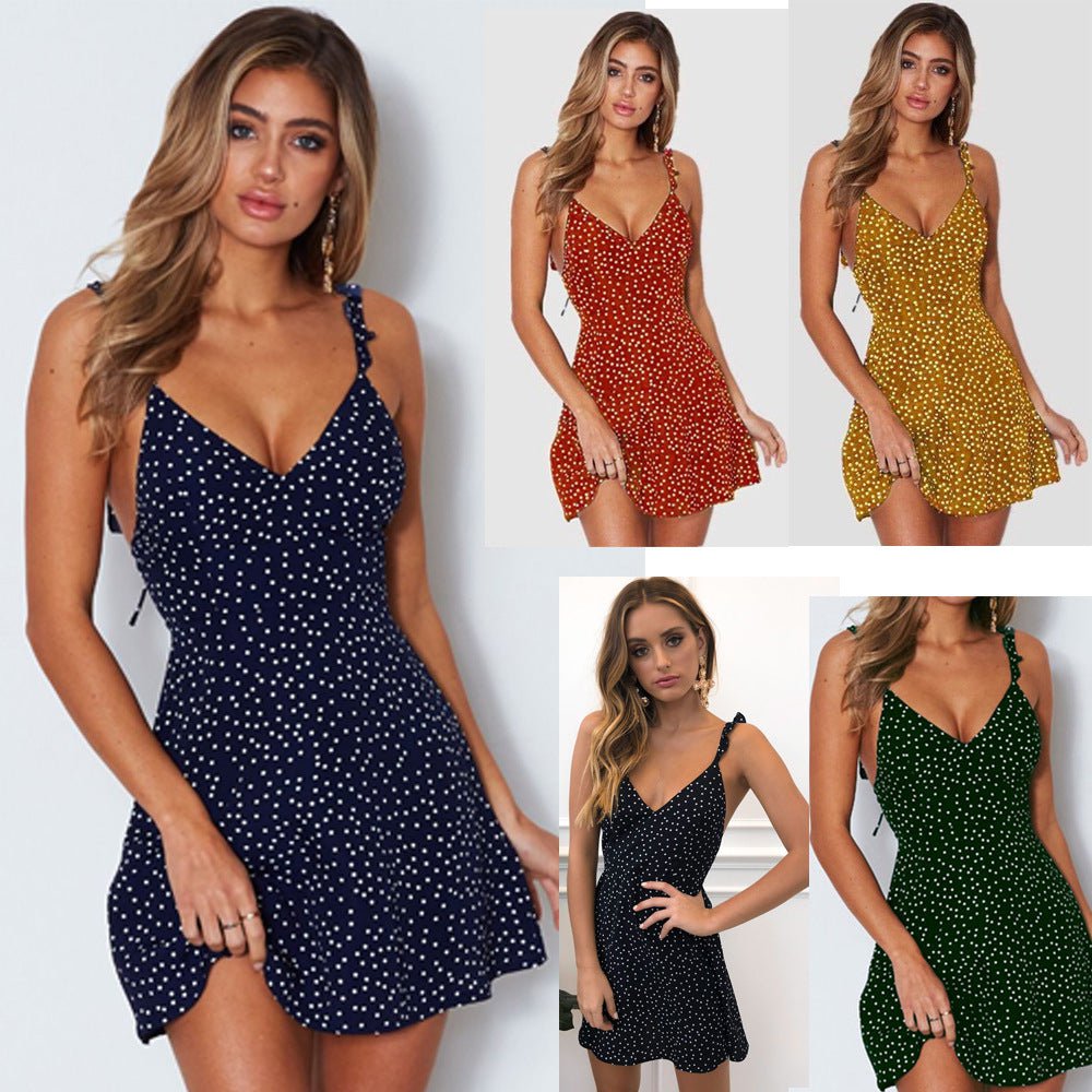 STORAZONE Woman fashion and Outdoor Polka-dot Strappy Dress Women Summer Fashion Beach Sundress