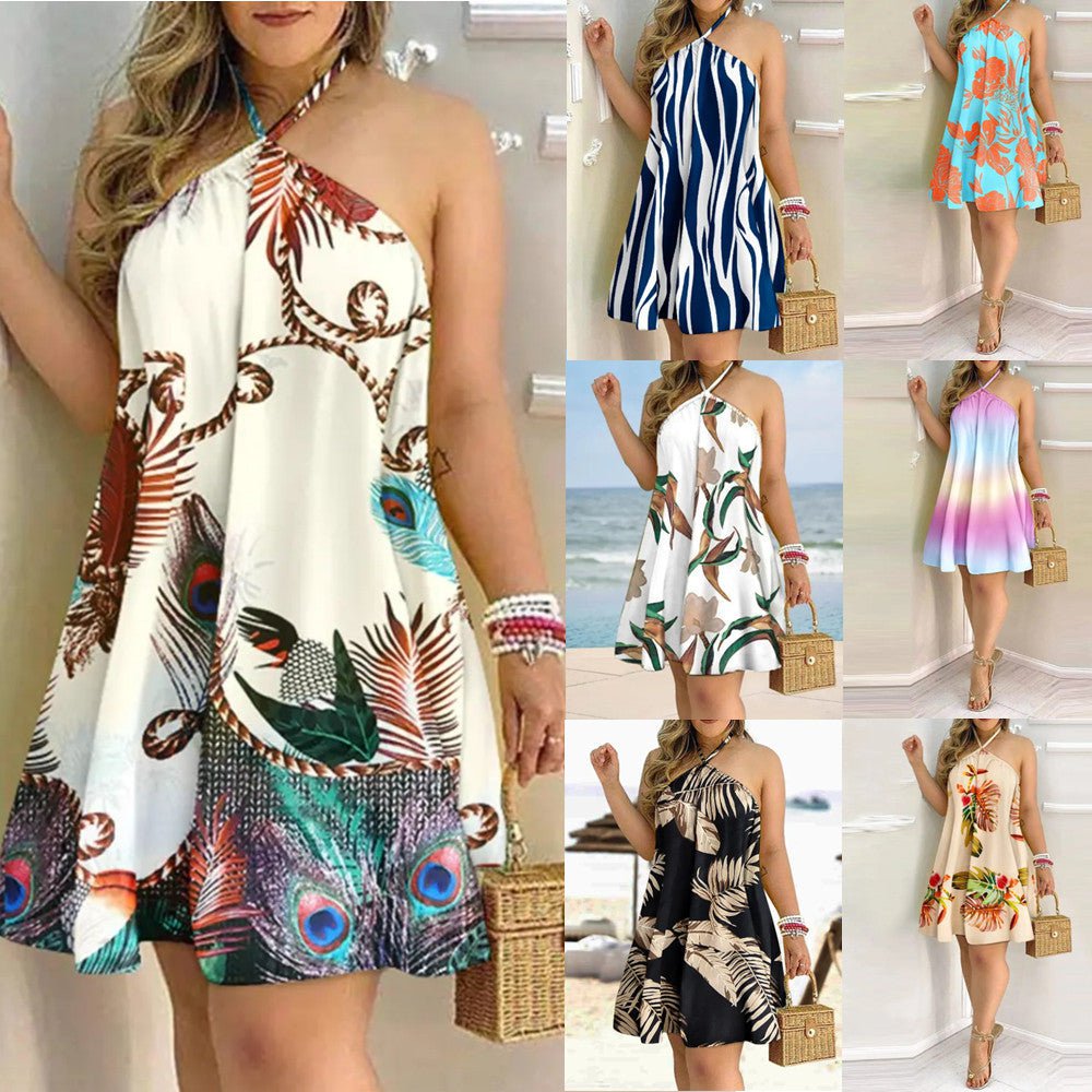 STORAZONE Woman fashion and Outdoor Printed Dress Summer Off-Shoulder Hanging Neck Sleeveless Sexy Dresses Women