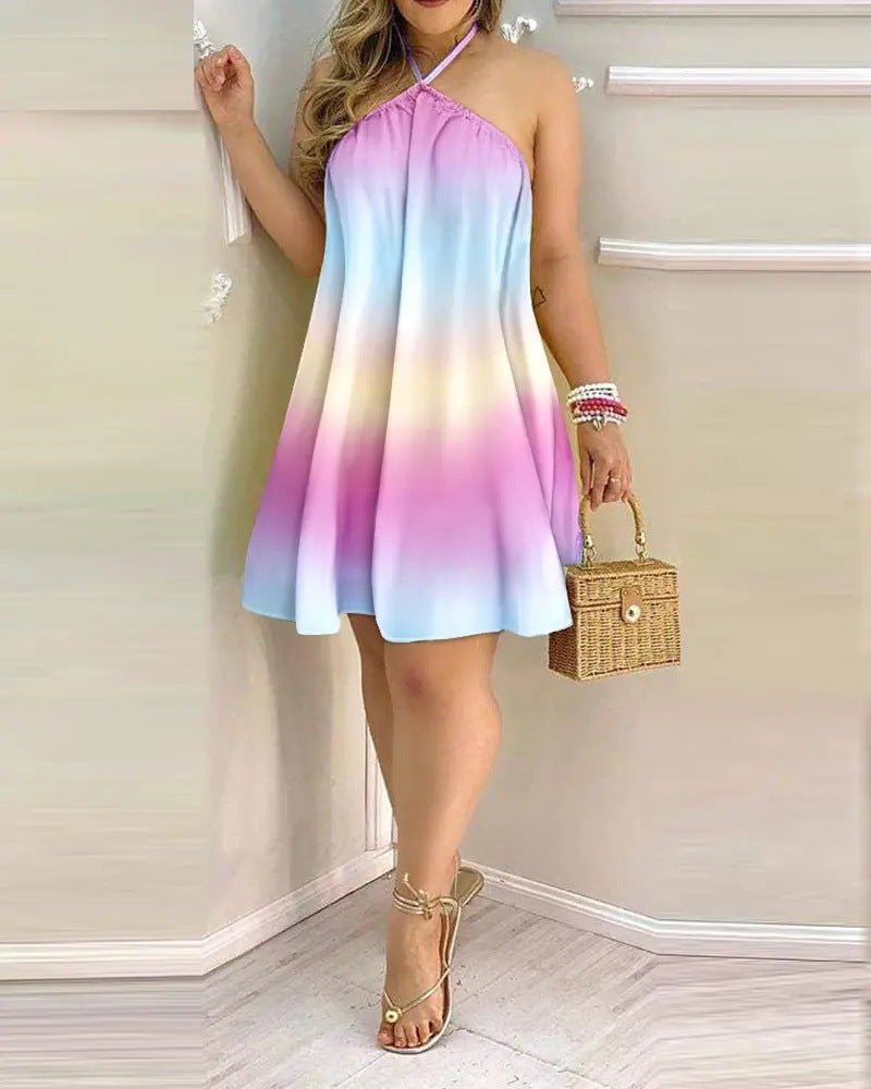 STORAZONE Woman fashion and Outdoor Rainbow color / 2XL Printed Dress Summer Off-Shoulder Hanging Neck Sleeveless Sexy Dresses Women