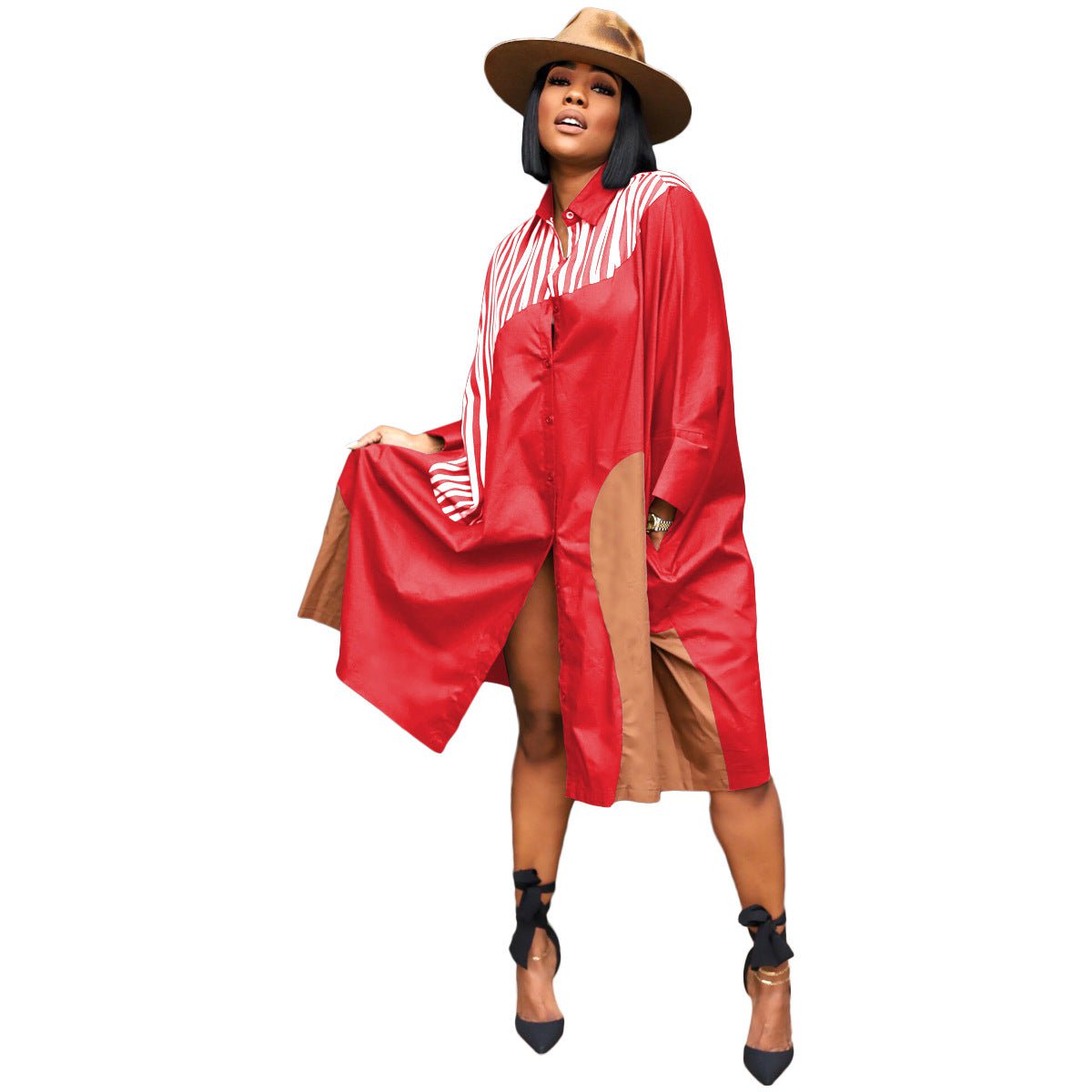 STORAZONE Woman fashion and Outdoor Red / 2XL European And American Plus Size Loose Multicolor Batwing Sleeve Shirt Idle Style Dress