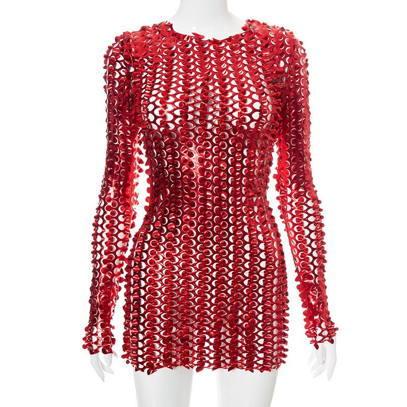 STORAZONE Woman fashion and Outdoor Red A20675D / L European And American Solid Color Hole Long Sleeve Narrow Ultra Short Dress