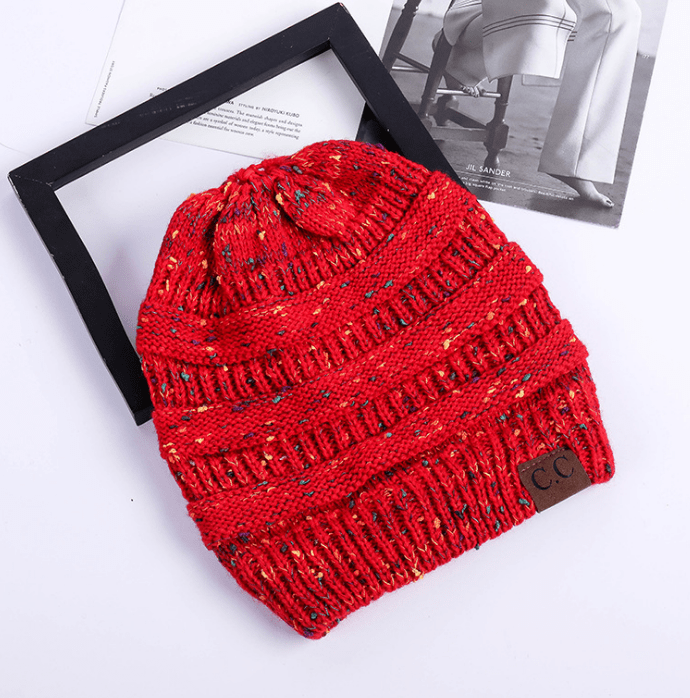 STORAZONE Woman fashion and Outdoor Red B High Bun Ponytail Beanie Hat Chunky Soft Stretch Cable Knit Warm Fuzzy Lined Skull Beanie Acrylic Hats Men And Women