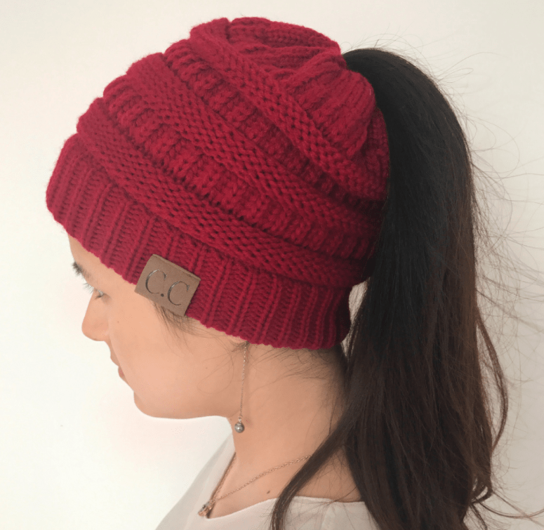 STORAZONE Woman fashion and Outdoor Red High Bun Ponytail Beanie Hat Chunky Soft Stretch Cable Knit Warm Fuzzy Lined Skull Beanie Acrylic Hats Men And Women