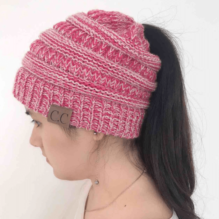 STORAZONE Woman fashion and Outdoor Redwhite High Bun Ponytail Beanie Hat Chunky Soft Stretch Cable Knit Warm Fuzzy Lined Skull Beanie Acrylic Hats Men And Women