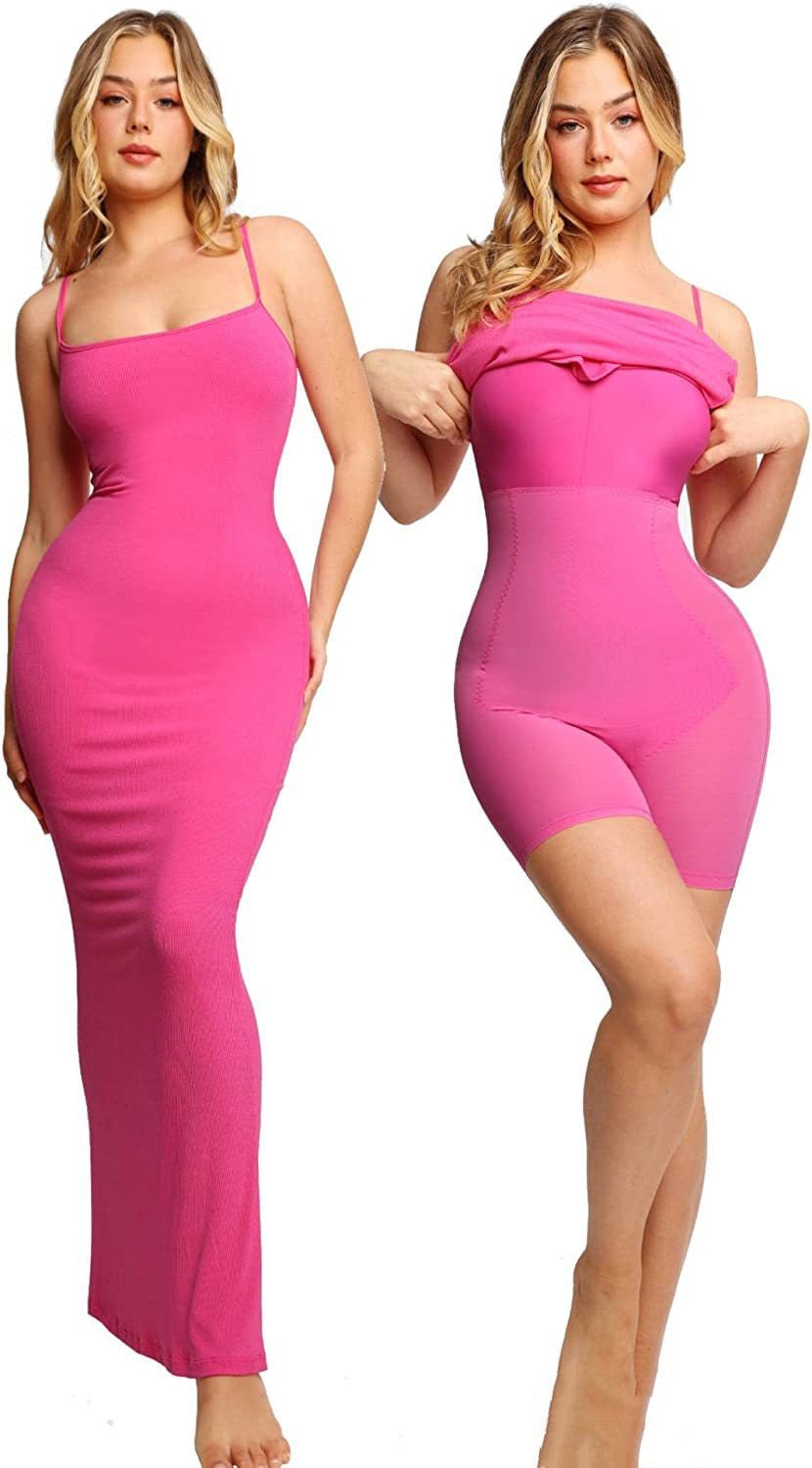 STORAZONE Woman fashion and Outdoor Rose Red / 2XL Women's Shapewear Dress Jumpsuit Tummy Tuck Lift Corset Open Crotch Suspender Tight Long Skirt Chest Pad Bodysuit Dress