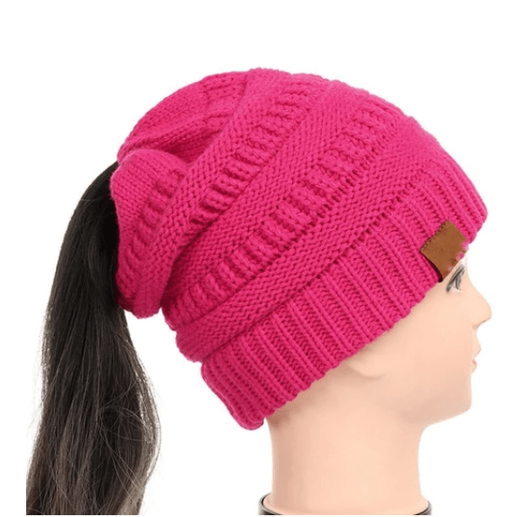STORAZONE Woman fashion and Outdoor Rose red High Bun Ponytail Beanie Hat Chunky Soft Stretch Cable Knit Warm Fuzzy Lined Skull Beanie Acrylic Hats Men And Women