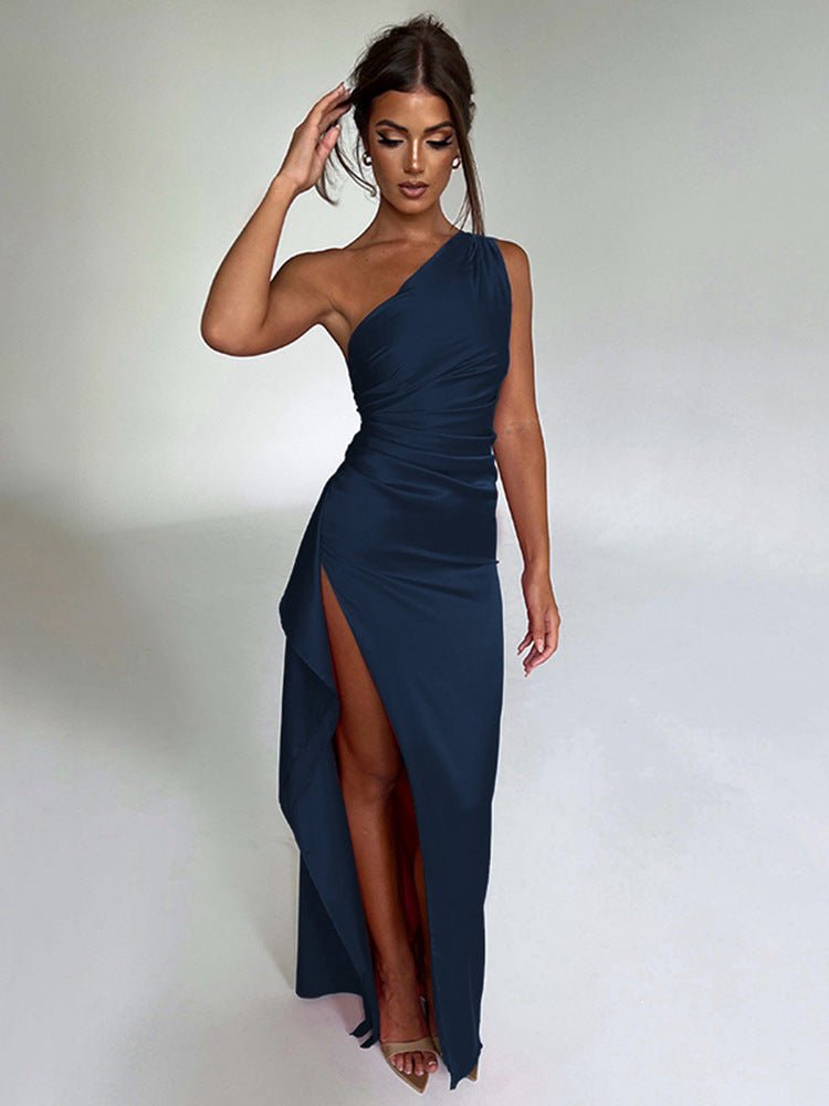 STORAZONE Woman fashion and Outdoor Royal / L One-shoulder Pleated Split Sexy Satin Dress Elegant Slim-fit Solid Color