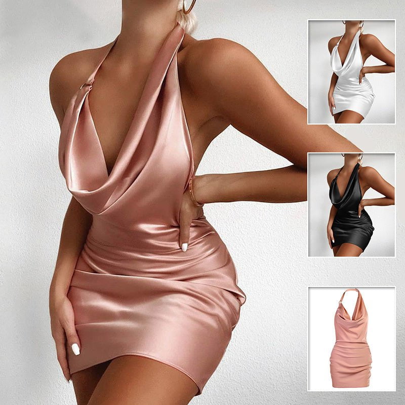 STORAZONE Woman fashion and Outdoor Satin Party Dress V Neck Backless Mini Sleeveless Summer Party Dress