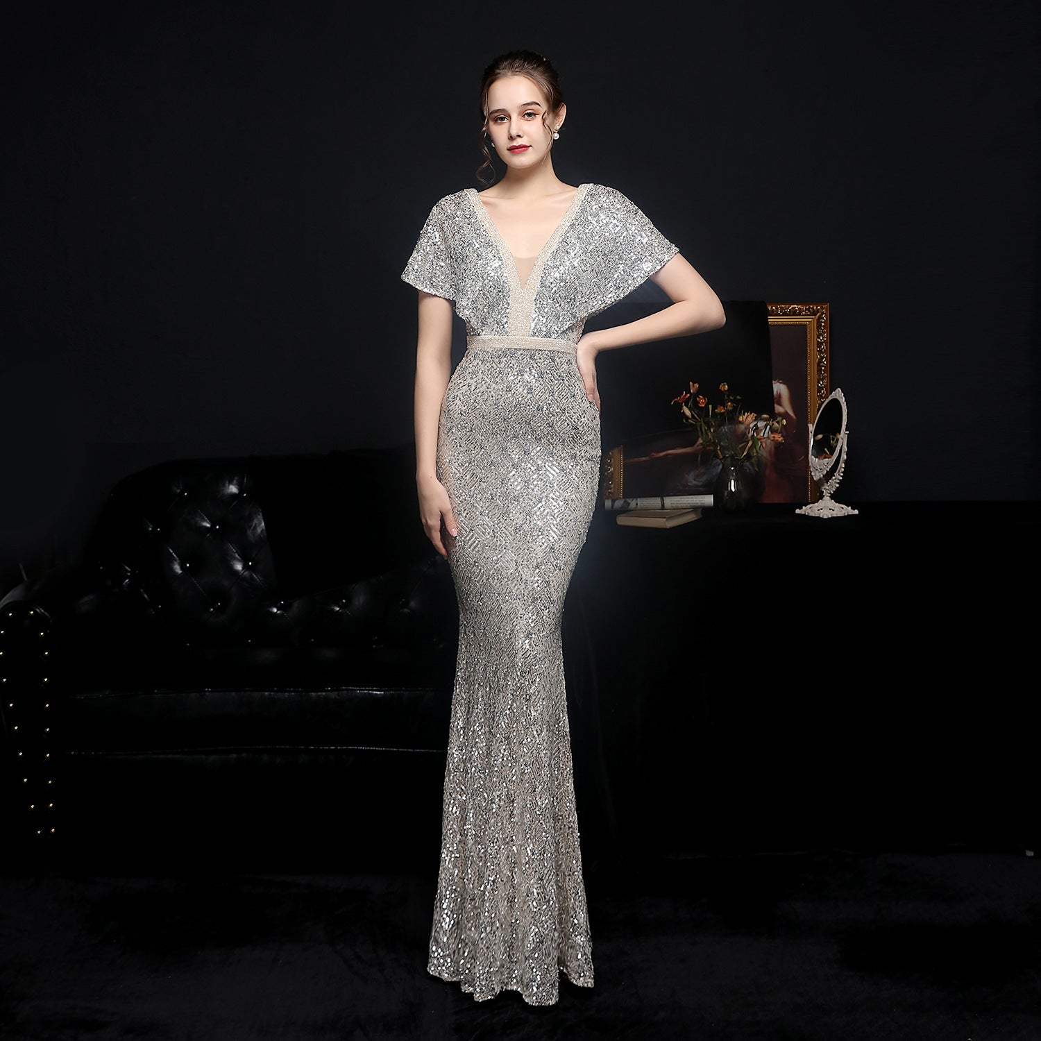 STORAZONE Woman fashion and Outdoor Silver / L Women's Sequin Fishtail Banquet Elegant V-neck Dress