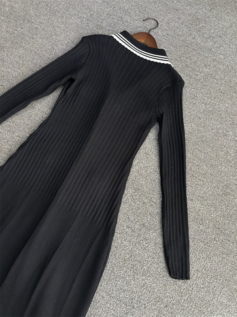 STORAZONE Woman fashion and Outdoor Temperament Commute Shirt Lapel V-neck Knitted Stretch Slimming Long Dress