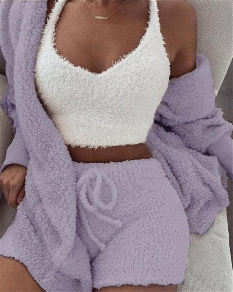 STORAZONE Woman fashion and Outdoor Violet / L 3pcs Womens Clothing Long Sleeve Crop Tank Top And Drawstring Shorts Pajama Set