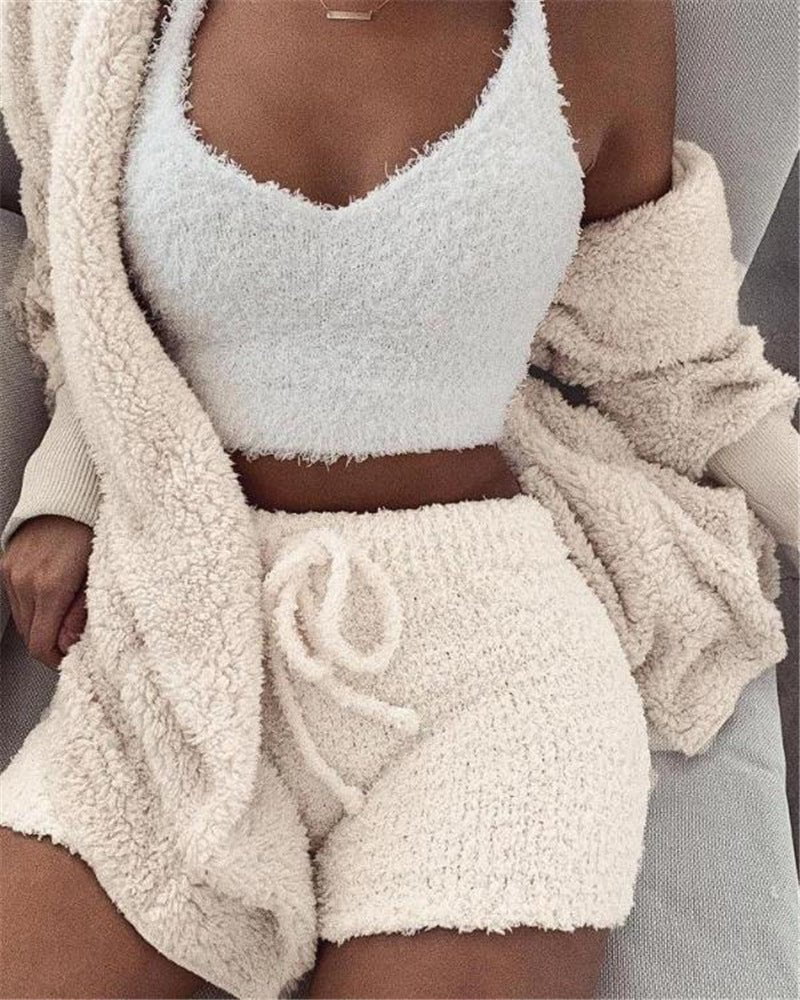 STORAZONE Woman fashion and Outdoor white / L 3pcs Womens Clothing Long Sleeve Crop Tank Top And Drawstring Shorts Pajama Set