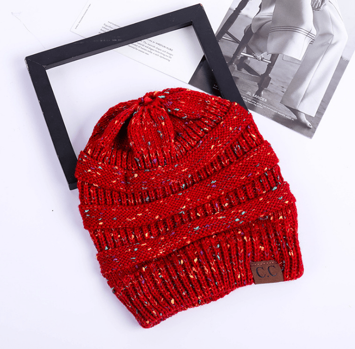 STORAZONE Woman fashion and Outdoor Wine red B High Bun Ponytail Beanie Hat Chunky Soft Stretch Cable Knit Warm Fuzzy Lined Skull Beanie Acrylic Hats Men And Women
