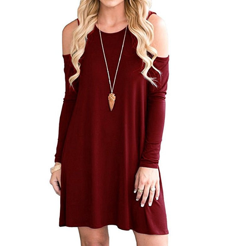 STORAZONE Woman fashion and Outdoor Wine Red / L Solid Color Off-the-shoulder Long Sleeve Dress