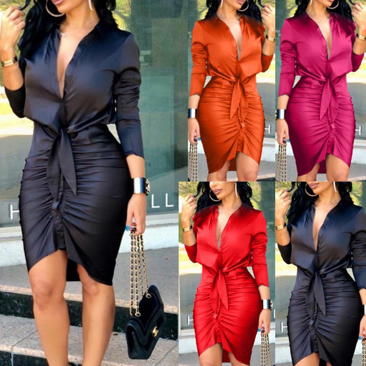 STORAZONE Woman fashion and Outdoor Women Lace-up Solid Color Long Sleeve Midi Dress Shirt Dress Elegant Fashion Party Dress