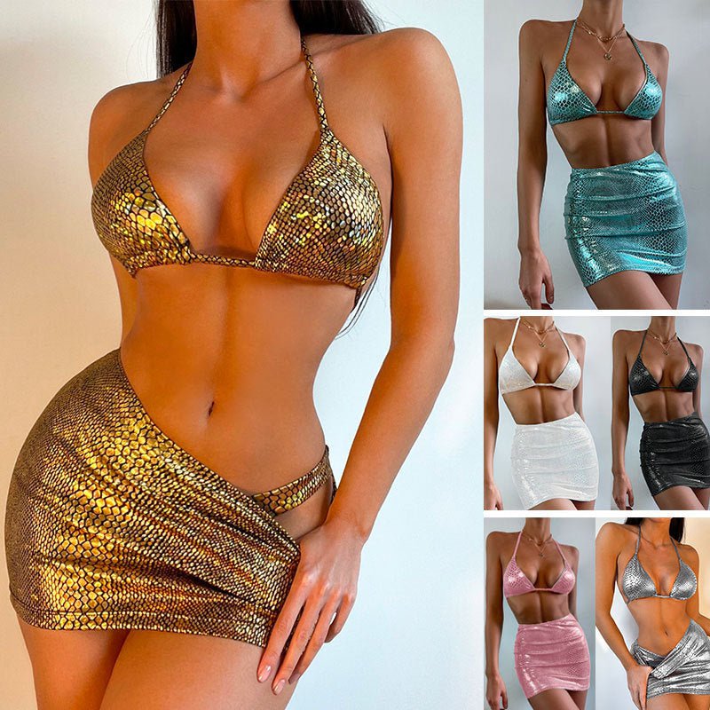 STORAZONE Woman fashion and Outdoor Women's 3 Piece Bathing Suits Halter Snake Pattern Bikini Set With Cover Up Skirt Summer Swimsuit