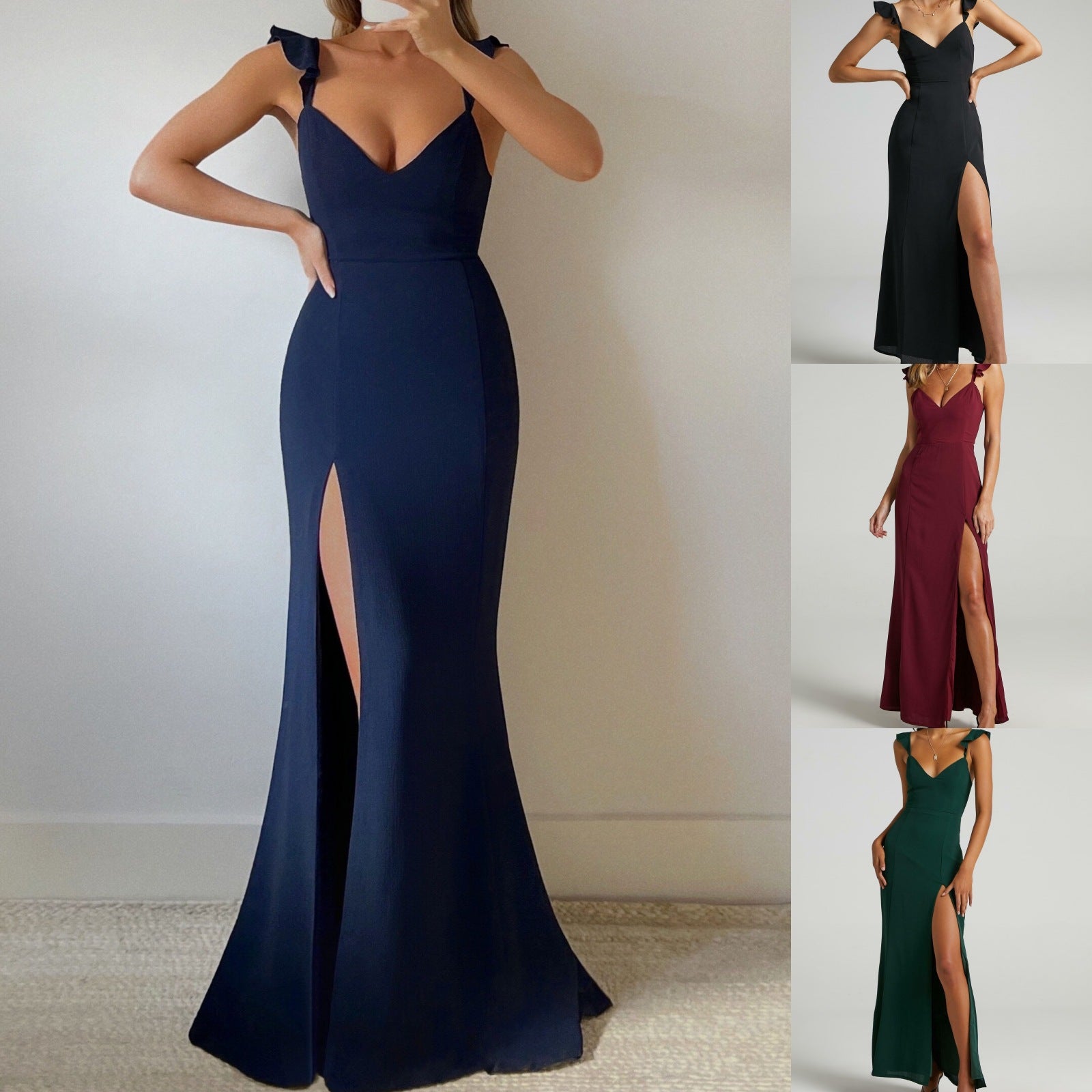 STORAZONE Woman fashion and Outdoor Women's Clothing Ruffled Spaghetti Straps Sleeveless High Waist Solid Color High Fork Solid Color Dress Dress