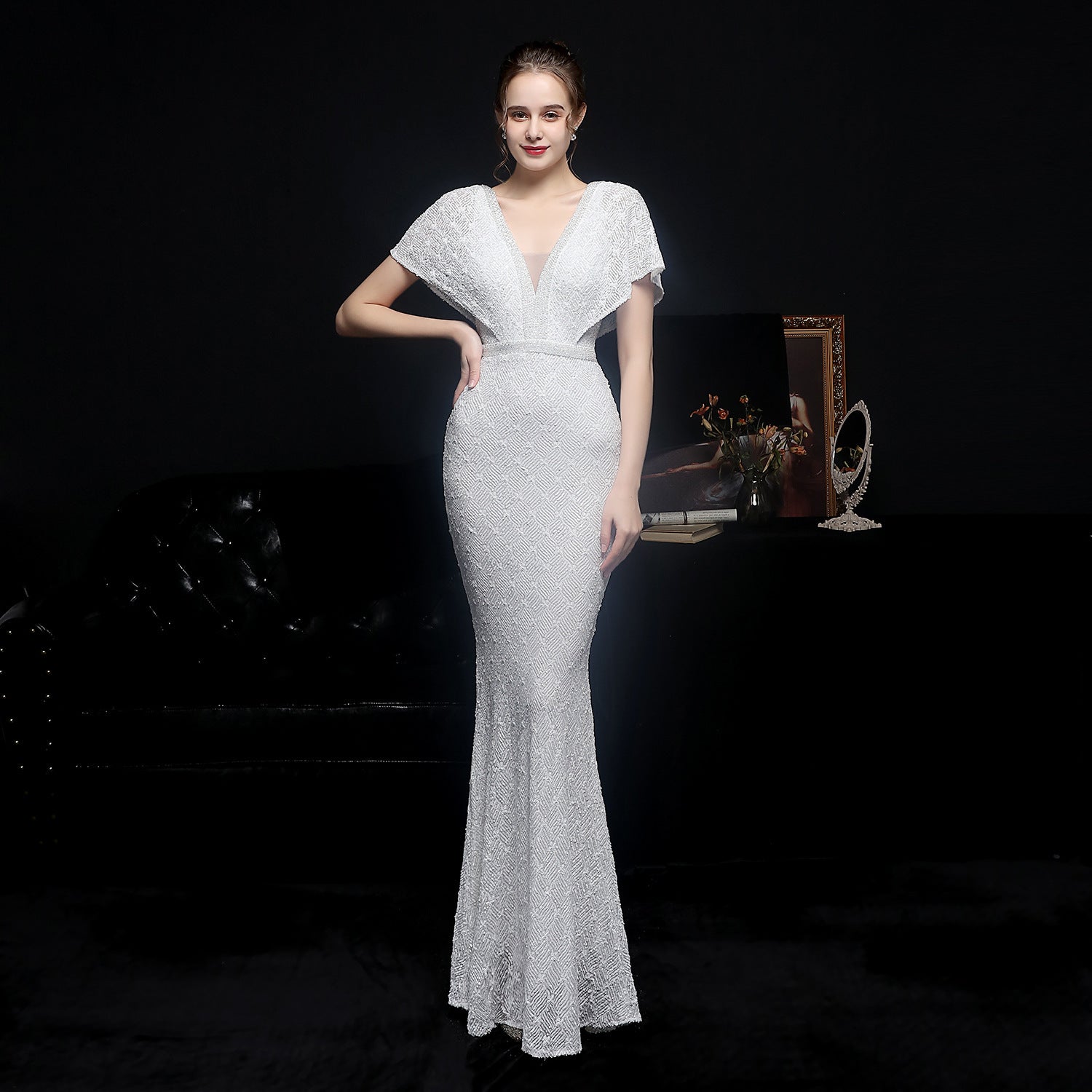 STORAZONE Woman fashion and Outdoor Women's Sequin Fishtail Banquet Elegant V-neck Dress