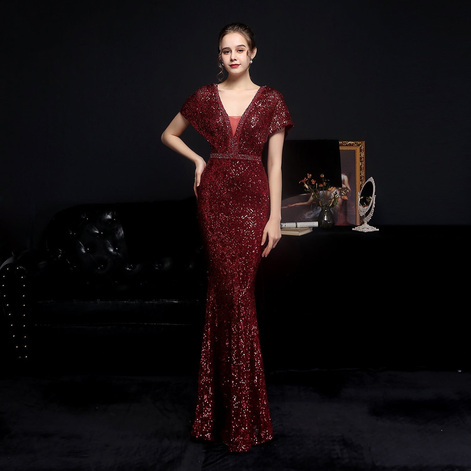 STORAZONE Woman fashion and Outdoor Women's Sequin Fishtail Banquet Elegant V-neck Dress