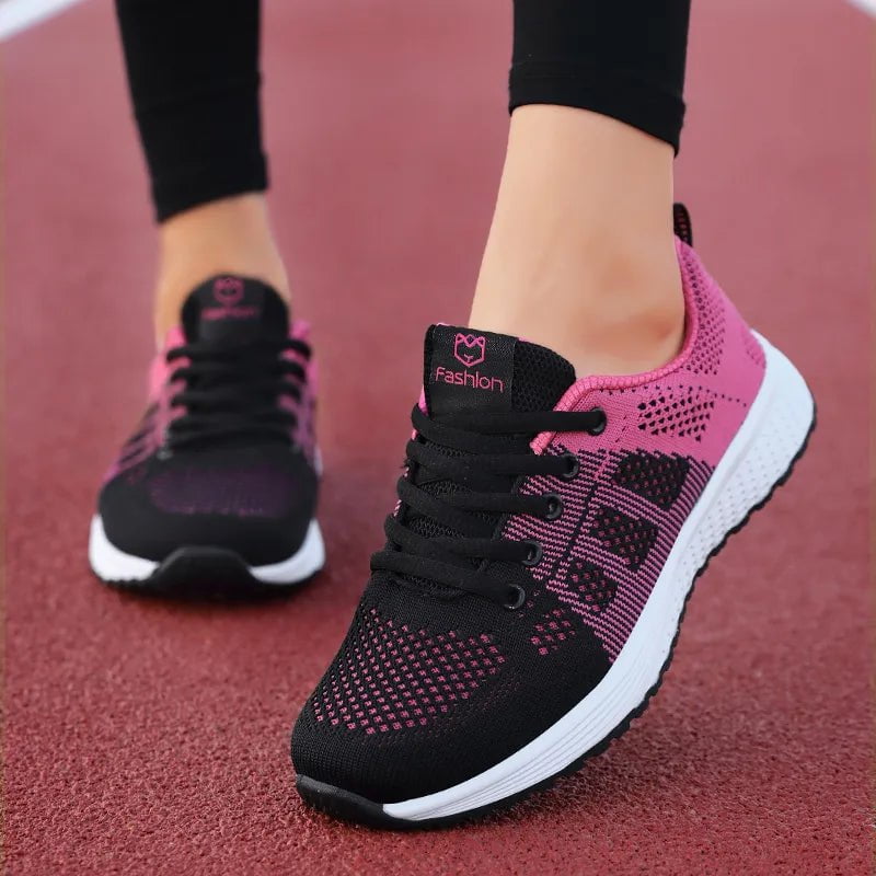 Storazone Women Casual Shoes Breathable Walking Mesh Lace Up Flat Shoes Sneakers Women Tenis Feminino Pink Black White