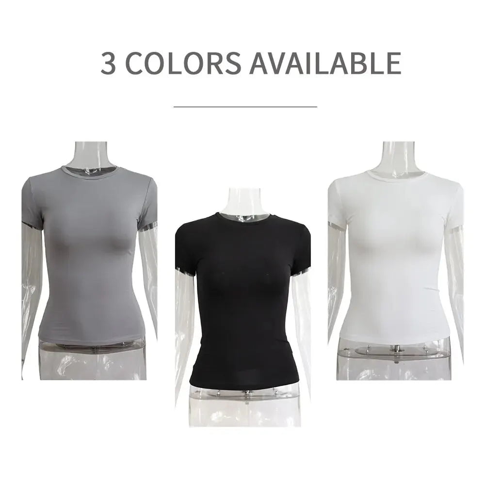 Storazone Women Casual Short Sleeve T-Shirts Spring Autumn Solid Slim Fit Pullovers Tees Shirts Female Streetwear Base Tees Lady Tops
