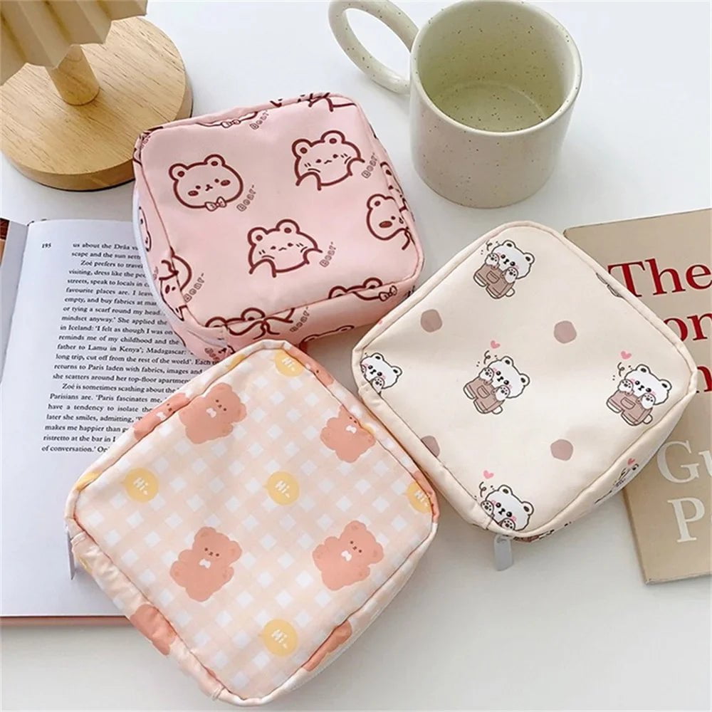 Storazone Women Girls Kawaii Cosmetic Makeup Tampon Bear Napkin Pouch Storage Bag Coin Purse Sanitary Pads Bag Mini Data Cables Organizer