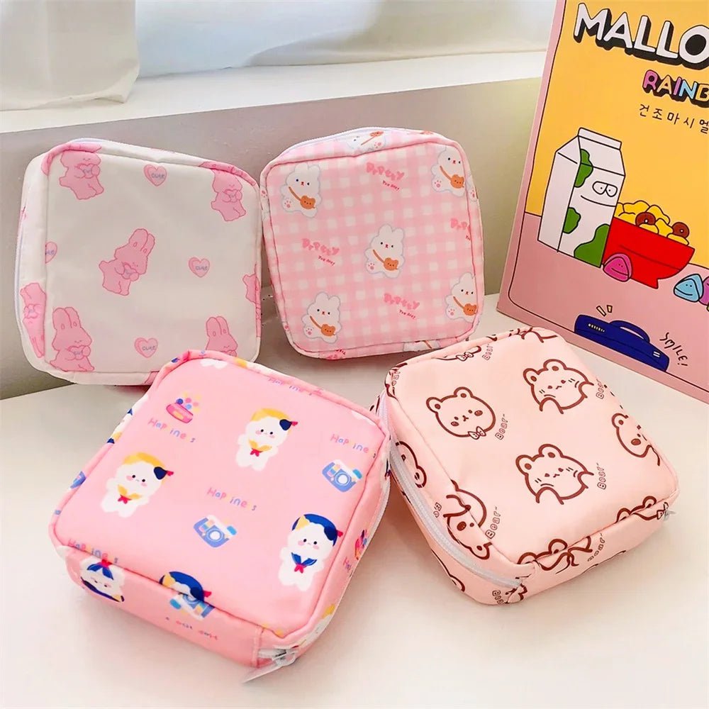 Storazone Women Girls Kawaii Cosmetic Makeup Tampon Bear Napkin Pouch Storage Bag Coin Purse Sanitary Pads Bag Mini Data Cables Organizer