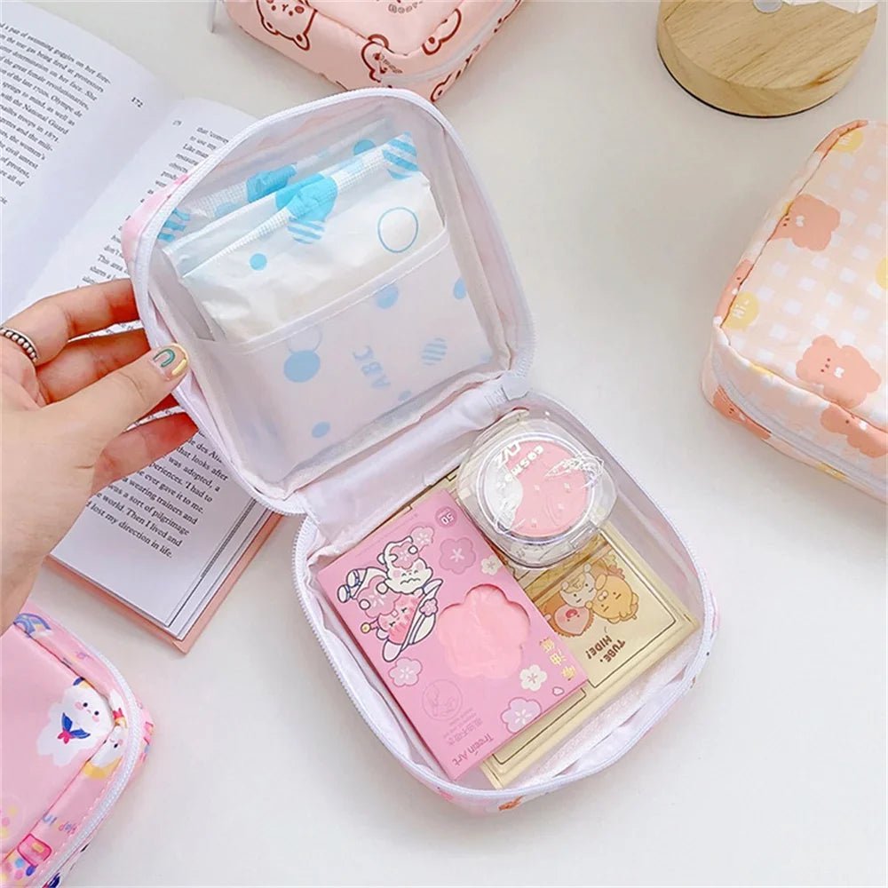 Storazone Women Girls Kawaii Cosmetic Makeup Tampon Bear Napkin Pouch Storage Bag Coin Purse Sanitary Pads Bag Mini Data Cables Organizer