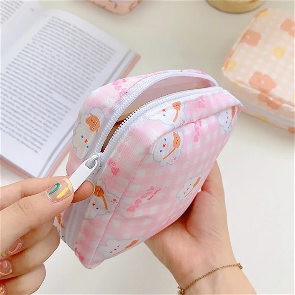 Storazone Women Girls Kawaii Cosmetic Makeup Tampon Bear Napkin Pouch Storage Bag Coin Purse Sanitary Pads Bag Mini Data Cables Organizer