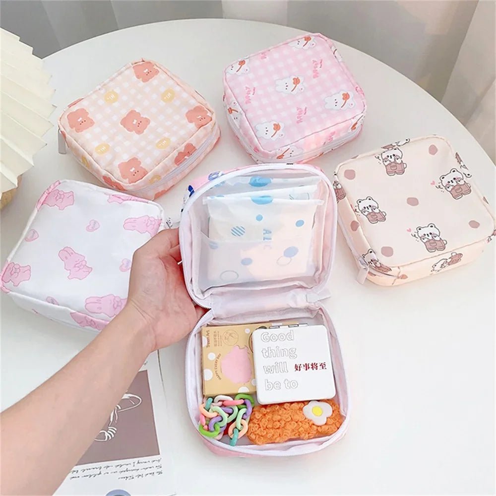 Storazone Women Girls Kawaii Cosmetic Makeup Tampon Bear Napkin Pouch Storage Bag Coin Purse Sanitary Pads Bag Mini Data Cables Organizer