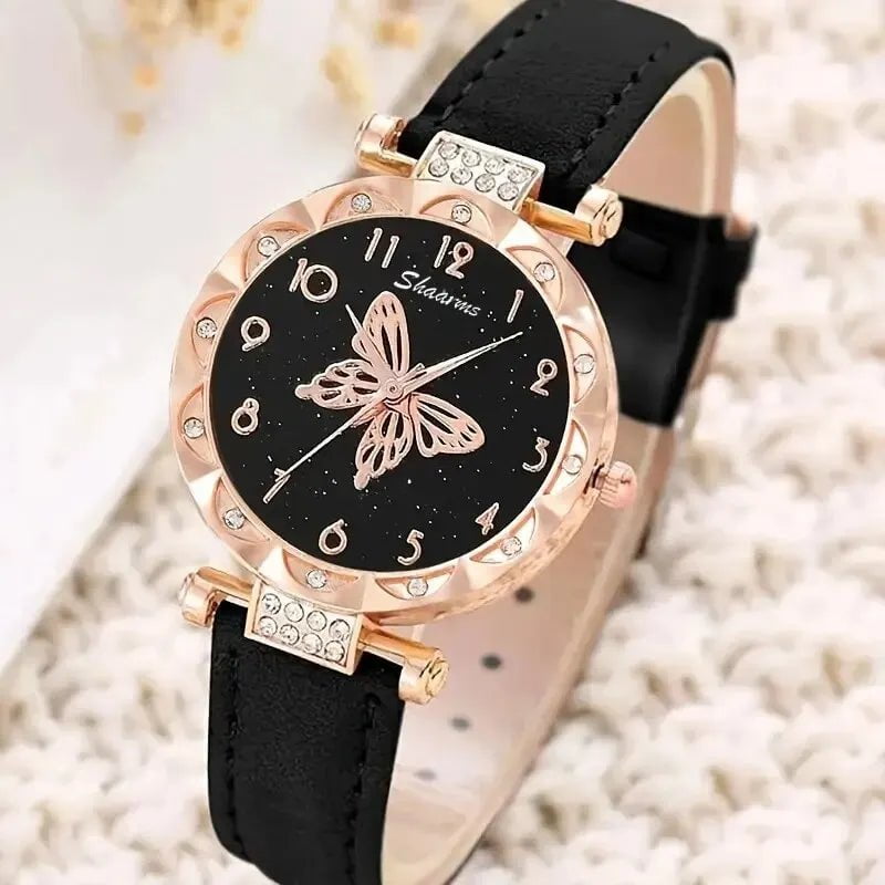 Storazone Women Luxury Watch Ring Necklace Earrings Rhinestone Butterfly Fashion Wristwatch Female Casual Ladies Watches Set Clock