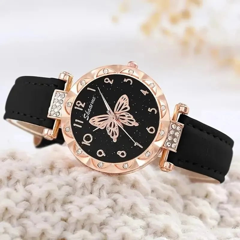 Storazone Women Luxury Watch Ring Necklace Earrings Rhinestone Butterfly Fashion Wristwatch Female Casual Ladies Watches Set Clock