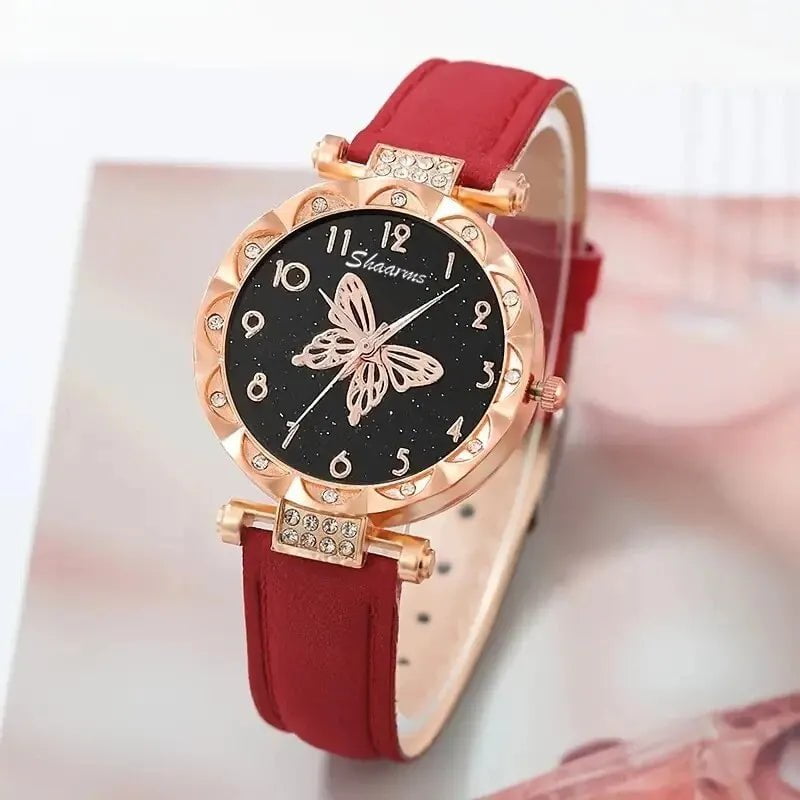 Storazone Women Luxury Watch Ring Necklace Earrings Rhinestone Butterfly Fashion Wristwatch Female Casual Ladies Watches Set Clock